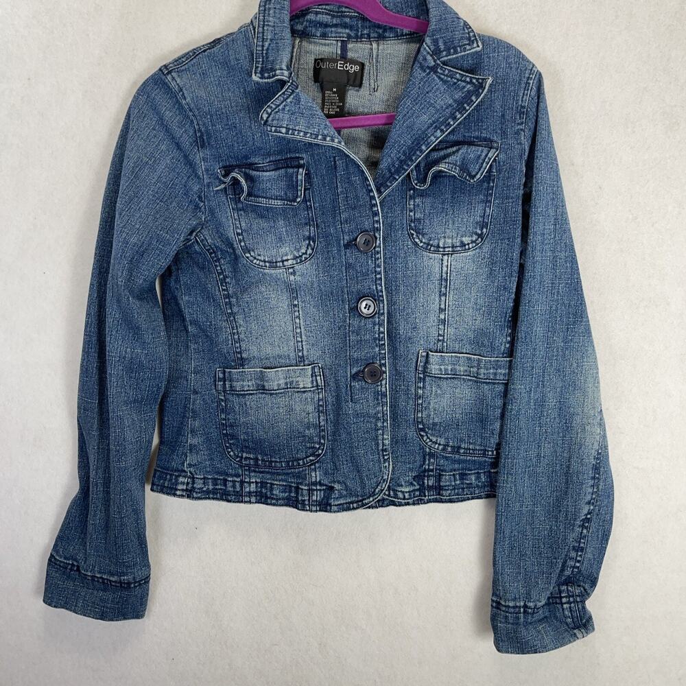Vintage Outer Edge Distressed Blue Denim Blazer Jacket Women's M 90’s Y2K